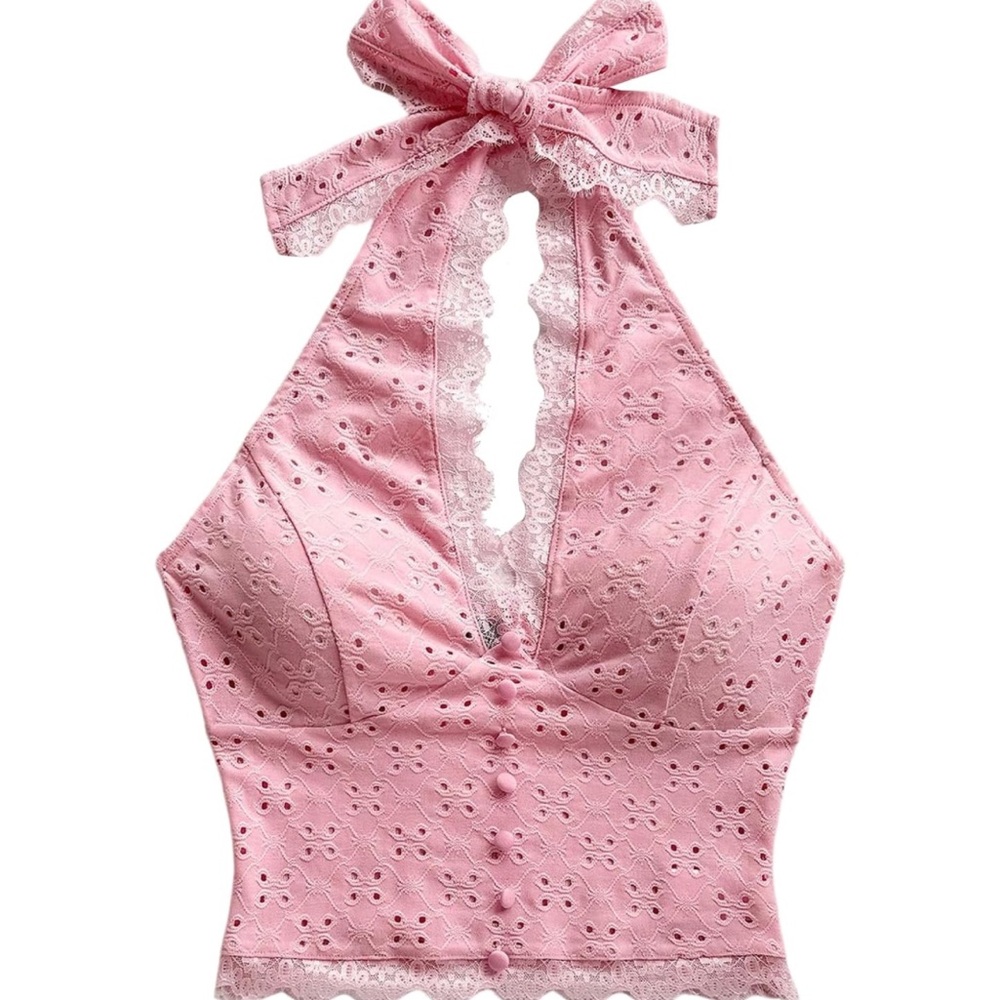 Coquette Lace Halter Crop Top in Soft Pink - Women